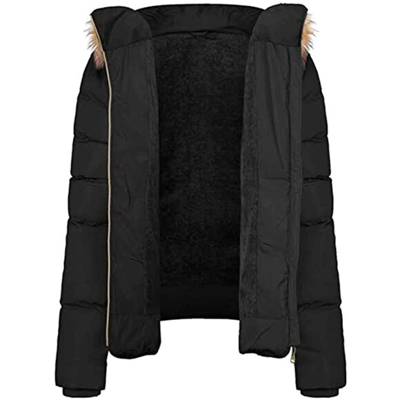 Women's Winter Quilted Puffer Coat Fleece Lined Warm Jacket with Faux Fur Hood - Picture 4 of 5